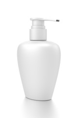 White cosmetic bottle dispenser pump with oval container from side angle.