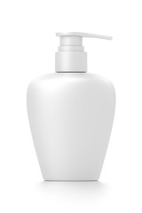 White cosmetic bottle dispenser pump with oval container from front angle.