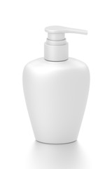 White cosmetic bottle dispenser pump with oval container from front top angle.