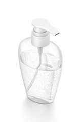 White cosmetic bottle dispenser pump with oval transparent bubble liquid filled container from isometric angle.