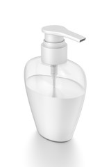 White cosmetic bottle dispenser pump with oval transparent white liquid filled container from top angle.