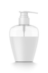 White cosmetic bottle dispenser pump with oval transparent white liquid filled container from front angle.