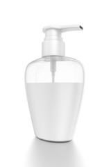 White cosmetic bottle dispenser pump with oval transparent white liquid filled container from closeup angle.