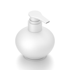 White cosmetic bottle dispenser pump with round container from isometric angle.