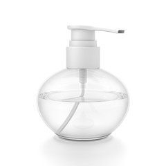 White cosmetic bottle dispenser pump with round transparent liquid filled container from side angle.