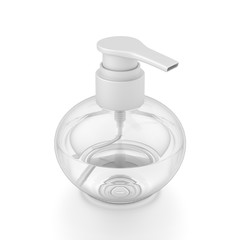 White cosmetic bottle dispenser pump with round transparent liquid filled container from top angle.