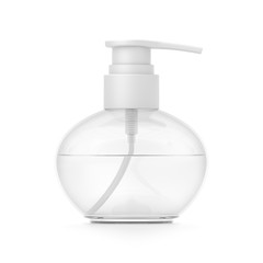White cosmetic bottle dispenser pump with round transparent liquid filled container from front angle.