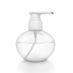 White cosmetic bottle dispenser pump with round transparent liquid filled container from closeup angle.