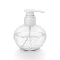 White cosmetic bottle dispenser pump with round transparent bubble liquid filled container from front top angle.