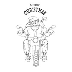 Vector Santa Claus on a motorcycle with a backpack of gifts. Doodle, hand-drawn, sketch. Isolation on white 