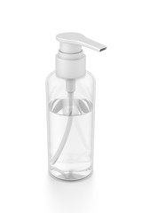 White cosmetic bottle dispenser pump with tube transparent liquid filled container from top angle.