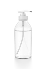 White cosmetic bottle dispenser pump with tube transparent liquid filled container from side angle.