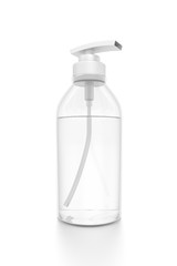 White cosmetic bottle dispenser pump with tube transparent liquid filled container from closeup angle.