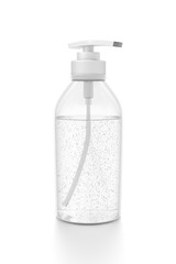 White cosmetic bottle dispenser pump with tube transparent bubble liquid filled container from side angle.