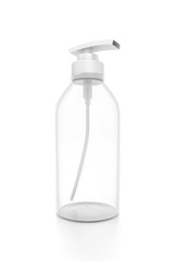 White cosmetic bottle dispenser pump with tube transparent empty container from closeup angle.