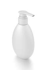 White cosmetic bottle dispenser pump with oval container from top angle.