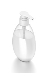 White cosmetic bottle dispenser pump with oval transparent white liquid filled container from isometric side angle.