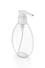 White cosmetic bottle dispenser pump with oval transparent empty container from top angle.