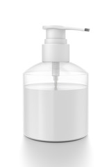 White cosmetic bottle dispenser pump with tube transparent white liquid filled container from side angle.