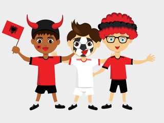 Fan of Albania national football team, sports. Boy with flag in the colors of the national command with sports paraphernalia.
