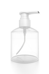 White cosmetic bottle dispenser pump with tube transparent empty container from closeup angle.