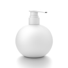 White cosmetic bottle dispenser pump with round container from side angle.