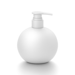 White cosmetic bottle dispenser pump with round container from front top angle.