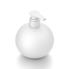 White cosmetic bottle dispenser pump with round container from isometric angle.