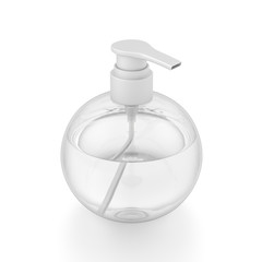 White cosmetic bottle dispenser pump with round transparent liquid filled container from top angle.