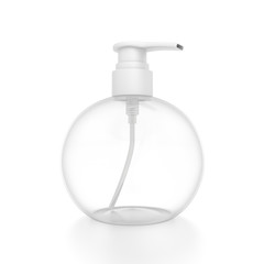 White cosmetic bottle dispenser pump with round transparent empty container from closeup angle.