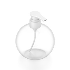 White cosmetic bottle dispenser pump with round transparent empty container from isometric angle.