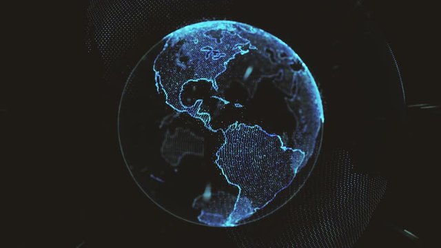 World map on a black background with sparkling particles on the surface4k loop of rotating glowing dots stylised world globe with orbits