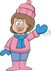 Cartoon illustration of a child in Winter clothes waving.