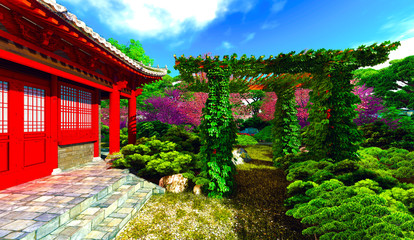 garden in chinese style and plants 3d rendering
