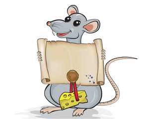 Cartoon rat holding scroll with a wax seal and piece of cheese. 