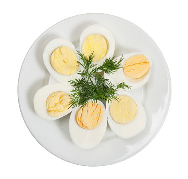 Boiled hen eggs in white plate