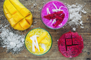 Two smoothies with chia seeds. Top view