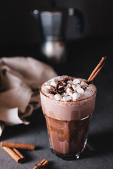 Cocoa or latte or hot chocolate with marshmallow and flavored with cinnamon. On a gray concrete background. Christmas present. Christmas concept. Christmas holiday.