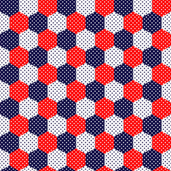 Blue red and white dotted hexagon geometric seamless pattern, vector