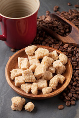 Coffee cup, beans and brown sugar