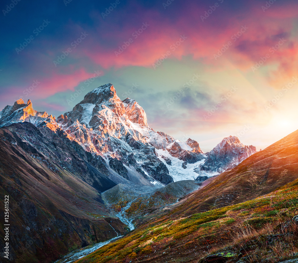 Canvas Prints Colorful sunrise on the Mt. Ushba