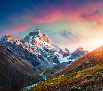 Colorful sunrise on the Mt. Ushba