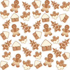 Decorative vector seamless pattern with Christmas and New Year decorations. House, tree, angel, gingerbread man. Background with holly and gingerbread man on a white background.