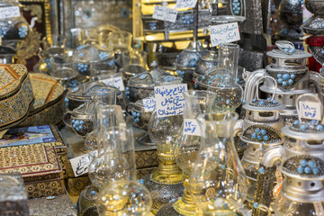 Traditional iranian market (Bazaar) metal souvenires, lamps.