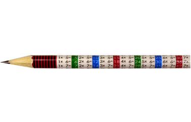 Pencil with multiplication table, isolated on white background