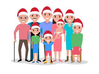 Fototapeta premium Vector cartoon happy family in cap of Santa Claus