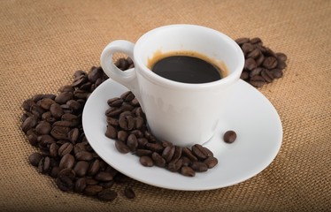  Fresh Coffee , beans, cap, and spoon in retro color tone with space for text