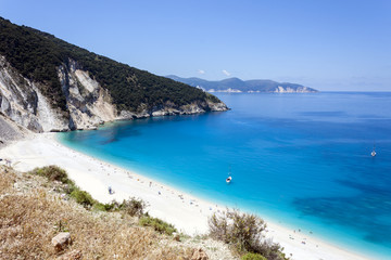 Obraz premium Blue water of beautiful Myrtos beach, Kefalonia, Ionian islands, Greece 