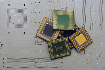 Stack of CPU processor and Circuit board / Motherboard. Electronic computer hardware technology....