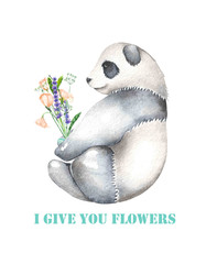 Template of postcard with watercolor illustration panda and bouquet of flowers, hand drawn isolated on a white background